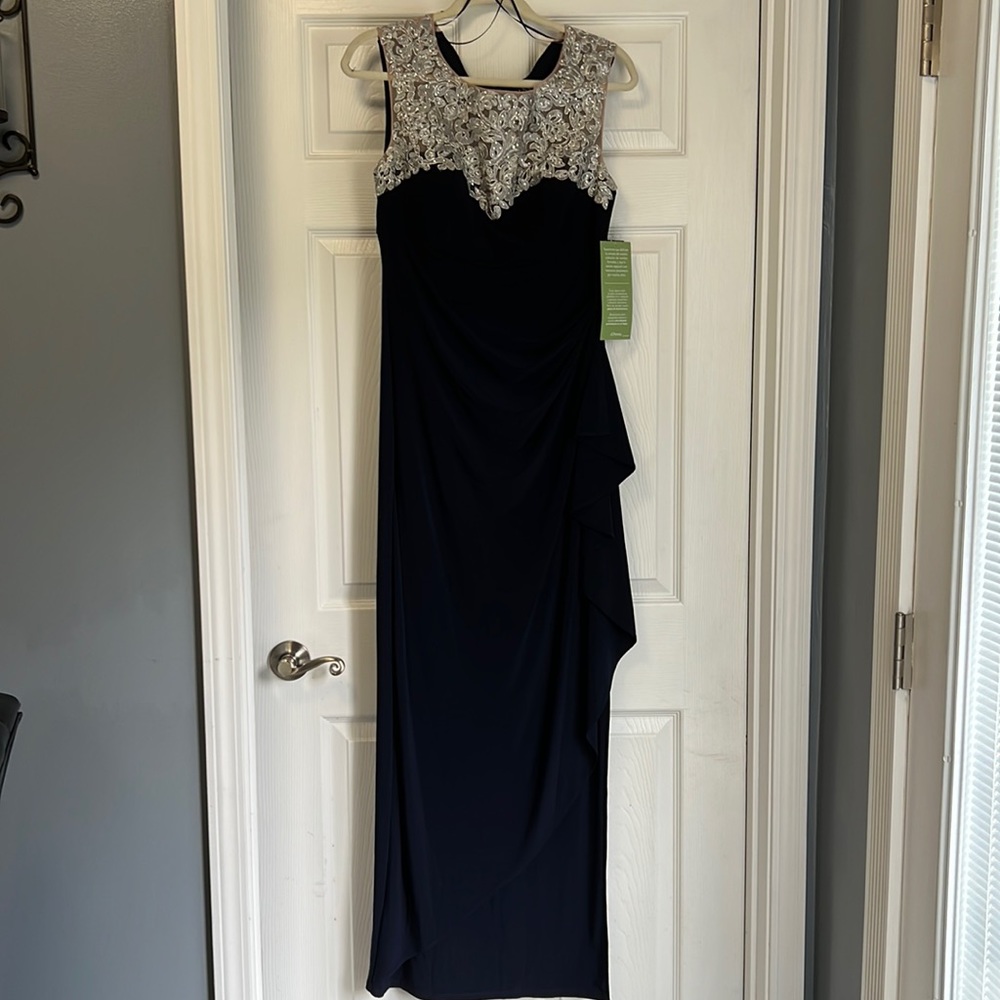 SLNY Navy Maxi Dress with Silver Beaded Bodice